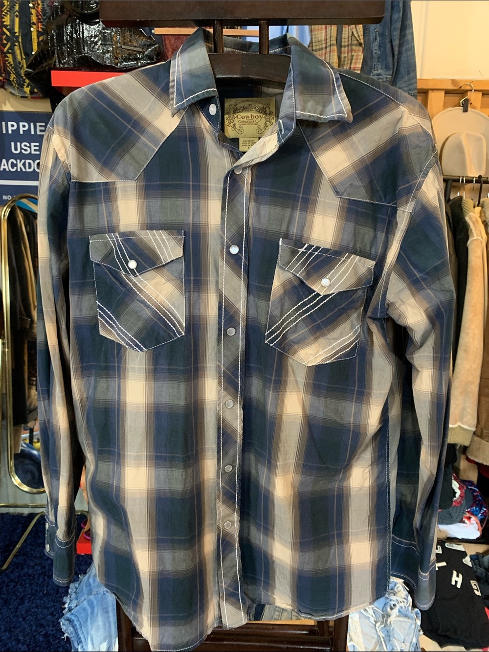 Cowboy Up Men’s Navy Green Plaid Button-Down Western Shirt